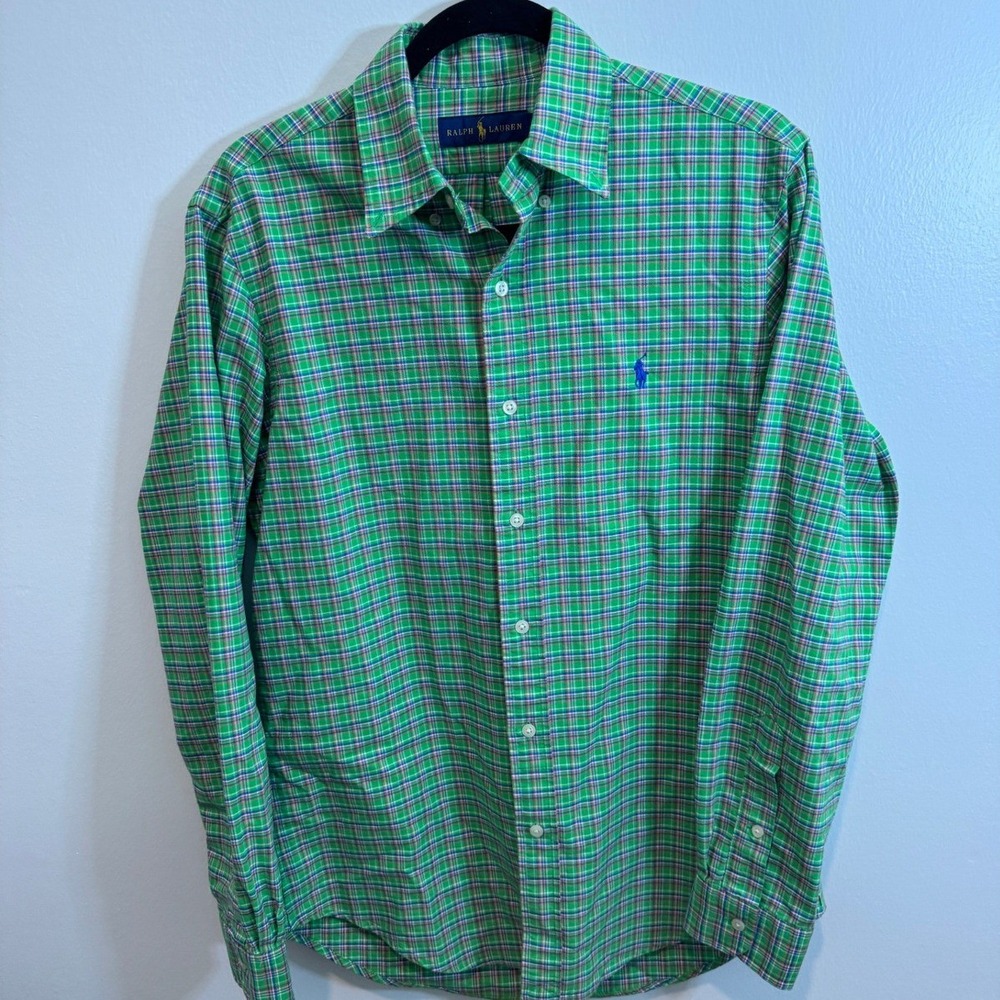 Ralph Lauren Button Down Shirt Mens Small Green Used Plaid Pony‎ Logo